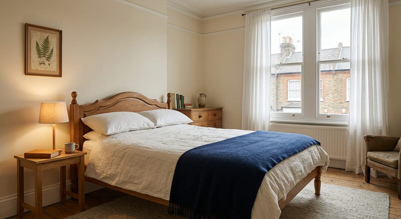 A calm, lived in bedroom in a London home, with daylight through the window.
